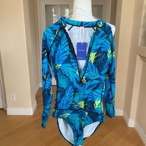 NWT Vibrant Blue and Green Leaf Print One Piece Long Sleeved Swimsuit